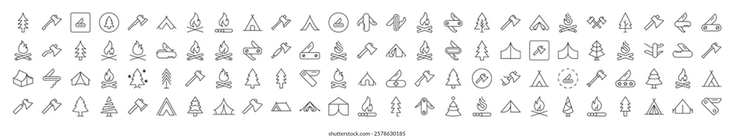 Bonfire, Axe, Tent, Tree, Knife Related Line Icon Collection. Editable Stroke. Perfect for Infographics, Articles, Books, Flyers, Banners