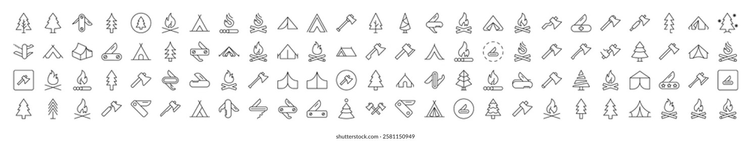 Bonfire, Axe, Tent, Tree, Knife Related Image Collection. Editable Stroke. Perfect for Infographics, Articles, Books, Flyers, Banners