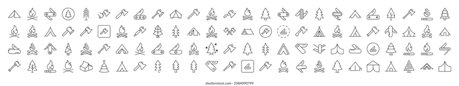 Bonfire, Axe, Tent, Tree, Knife Outline Image Collection. Editable Stroke. Perfect for Infographics, Articles, Books, Flyers, Banners