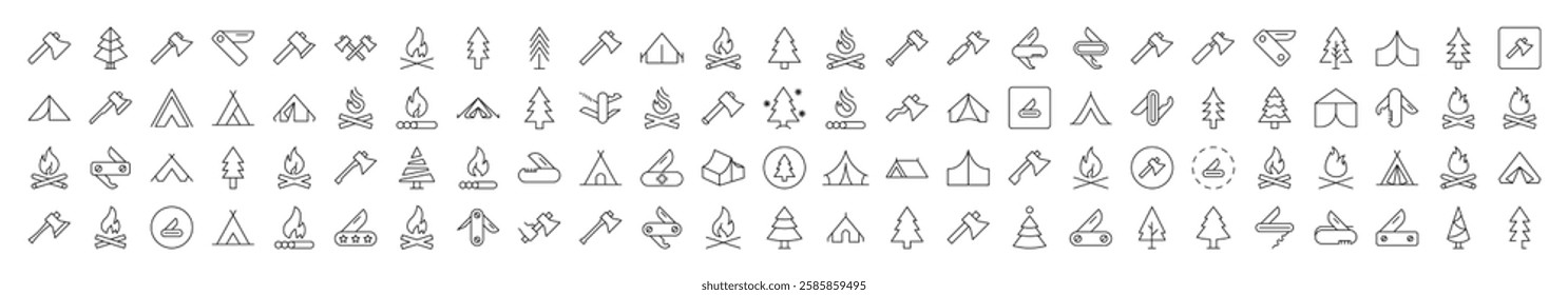 Bonfire, Axe, Tent, Tree, Knife Outline Picture Collection. Editable Stroke. Perfect for Infographics, Articles, Books, Flyers, Banners