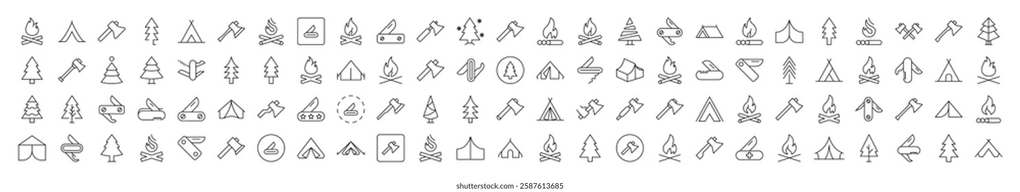 Bonfire, Axe, Tent, Tree, Knife Picture Collection. Editable Stroke. Perfect for Infographics, Articles, Books, Flyers, Banners