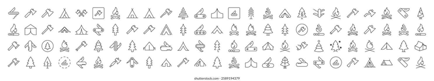 Bonfire, Axe, Tent, Tree, Knife Outline Icon Collection. Editable Stroke. Perfect for Infographics, Articles, Books, Flyers, Banners