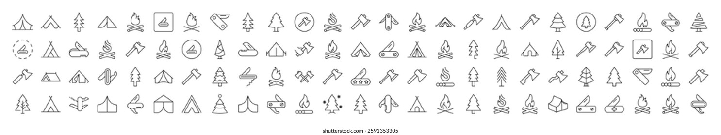 Bonfire, Axe, Tent, Tree, Knife Outline Icon Collection. Editable Stroke. Perfect for Infographics, Articles, Books, Flyers, Banners