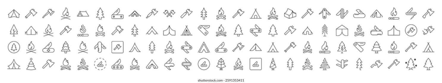 Bonfire, Axe, Tent, Tree, Knife Outline Sign Collection. Editable Stroke. Perfect for Infographics, Articles, Books, Flyers, Banners