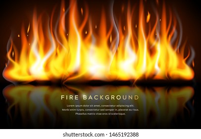 Bonfire banner with text. Realistic editable fire flames with reflection isolated on black background. Wallpaper vector Illustration for design and decoration