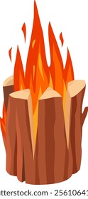 Bonfire blazing with large flames and burning logs, creating a warm and inviting atmosphere, ideal for camping trips or outdoor gatherings under the starry night sky