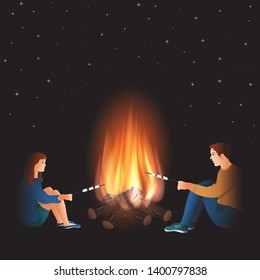 Bonfire with boy and girl roasting marshmallow on fire at camping site, couple man and women sitting around campfire. Vector illustration