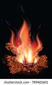 Bonfire with a bright flame - on a black background - art creative illustration of a vector