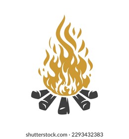 Bonfire bright golden burning flame camp expedition vintage icon design isometric vector illustration. Campfire light blaze firewood evening halt nature travel adventure warm energy fireplace logo