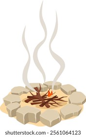 Bonfire burning brightly, with smoke rising and dancing into the night sky, surrounded by rugged rocks on warm sand, creating a cozy atmosphere perfect for camping and outdoor gatherings