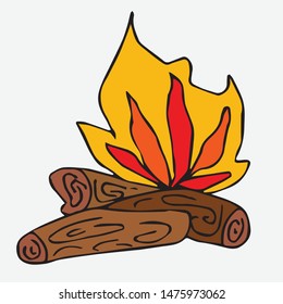 Bonfire, burning firewood. A collection of elements drawn by hand. Isolate on white.