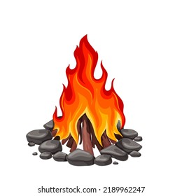 Bonfire with burning firewood and flammable coals vector illustration. Cartoon isolated warm frame blazing in outdoor camp fireplace with rocks, logs and twigs of trees, travel and adventure emblem