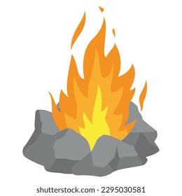 Bonfire burning flame with gray stones camping outdoor summer recreation isometric vector illustration. Hot fire blaze glowing fireplace heat warm sparkles flammable energy orange yellow campfire