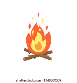 Bonfire burning flame icon. Fire wood and campfire cartoon flat vector illustration. Icon isolated on white background for web, print, decoration.