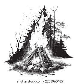 Bonfire Brennen in der Waldskizze handgezeichnet Linie Kunst Vektorgrafik.