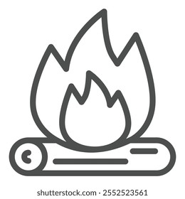 Hoguera, icono de línea de troncos en llamas, concepto de camping. Gráficos de Vector. Signo de la llama del fuego en el fondo blanco, icono del estilo del contorno para el móvil o el Diseño web