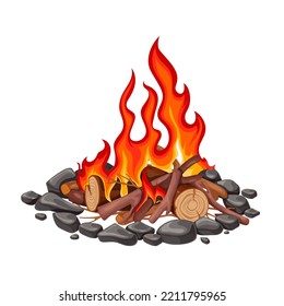 Bonfire with burning logs, tree branches and sticks in circle of stones vector illustration. Cartoon isolated fiery flame of campfire, hot fire tongues burn and light in round outdoor fireplace