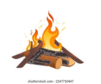 Bonfire with burning wood and flame vector illustration isolated on white background