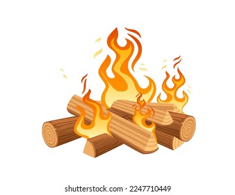 Bonfire with burning wood and flame vector illustration isolated on white background