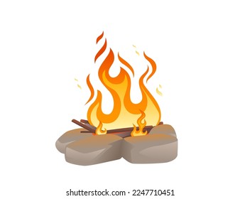 Bonfire with burning wood and flame vector illustration isolated on white background