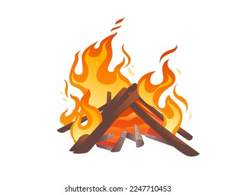 Bonfire with burning wood and flame vector illustration isolated on white background