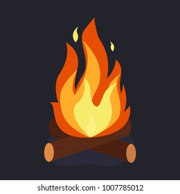 Bonfire and burning woodpile, campfire or fireplace on firewoo. Vector illustration