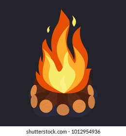 Bonfire and burning woodpile, campfire or fireplace on firewood. Vector