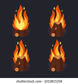 Bonfire and burning woodpile, campfire or fireplace on firewood. Camping set. Vector