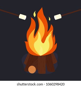 Bonfire and burning woodpile with marshmallow, campfire or fireplace on firewood. Camping