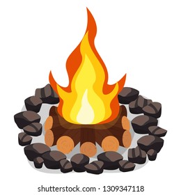 Bonfire, burning woodpile and round of stones, campfire or fireplace on firewood vector