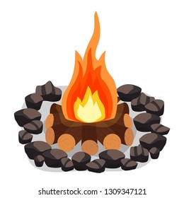 Bonfire, burning woodpile and round of stones, campfire or fireplace on firewood vector