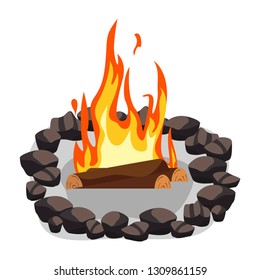 Bonfire, burning woodpile and round of stones, campfire or fireplace on firewood vector illustration