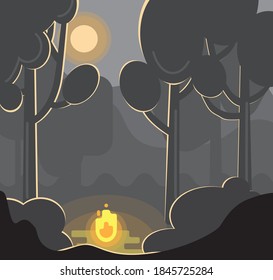 
la hoguera se quema en el bosque nocturno a la luz de la luna