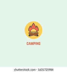 Bonfire, camp Fire. Сamping Logo. Camping, Travel, Hiking, recreation concept. Outdoor lifestyle. Minimalistic round Icon. Cartoon style, flat design. Trendy Vector illustration. Icon is isolated