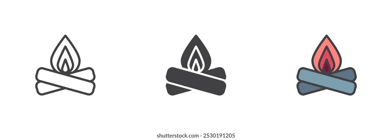 Bonfire, campfire conjunto de ícone de estilo diferente. Linha, glifo e preenchido esboço versão colorida, contorno e sinal de vetor preenchido. Símbolo inflamável, ilustração do logotipo. Gráficos vetoriais