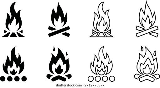 Ícones de fogueira e fogo de campfire, vários estilos, conjunto isolado