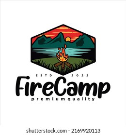 Bonfire Campfire Logo mountain adventure Badge Label Vector Illustration