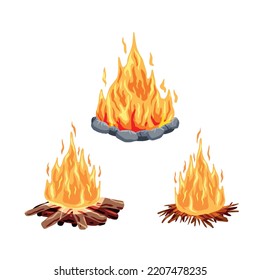 Bonfire or campfire. Orange fire and flame. Element of a hike. Heat and hot object. Cartoon flat illustration