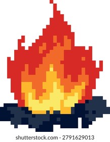 Bonfire or campfire pixel art vector icon. Cartoon retro 8 bit video game burning fire flame. Ignition effect. Torch blazing flame isolated on white. Devouring firewood camping element