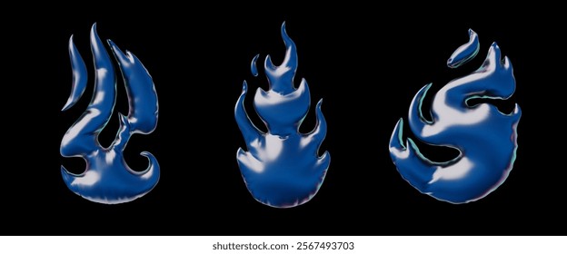 Bonfire or campfire symbol from metallic inflated balloon 3D cartoon vector icons set. Realistic glossy fire flame blue foil helium air figures decoration. Festive volume techno design element