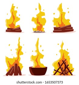 Bonfire and campfire vector cartoon set isolated on white background.