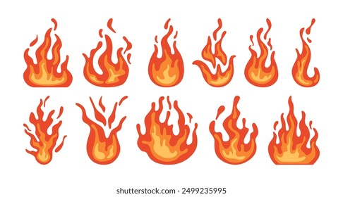 Bonfire or campfire. Vector isolated set of tongues of flames and fires. Blazing and burning wildfire balls, fireball with hot temperature. Flat cartoon spheres for game design or nature scenery