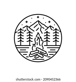 bonfire and campfire wilderness in mono line art, badge, emblem, T-shirt vector, Tee Design