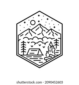 bonfire and campfire wilderness in mono line art, badge, emblem, T-shirt vector, Tee Design