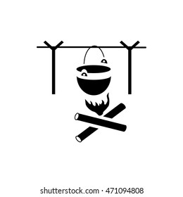 Bonfire with camping pot icon in simple style on a white background