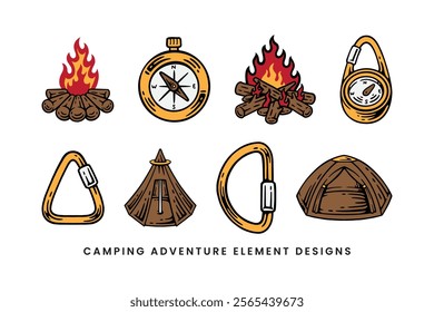 bonfire, camping tent, compass, carabiner, campfire, navigation colorful doodle illustration vector element design collection set for adventure, explorer, mountaineer, hiker and climber