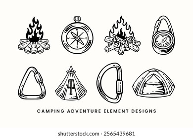 bonfire, camping tent, compass, carabiner, campfire, navigation vintage outline illustration vector element design collection set for adventure, explorer, mountaineer, hiker and climber