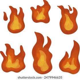 Caricatura de hoguera. Fuego ardiente, bola de fuego brillante, llamas calientes y hoguera caliente roja, hoguera, llamas ardientes rojas Ilustración vectorial aislada