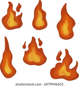 Caricatura de hoguera. Fuego ardiente, bola de fuego brillante, llamas calientes y hoguera caliente roja, hoguera, llamas ardientes rojas Ilustración vectorial aislada