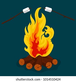 Bonfire cartoon style illustration, camping, burning woodpile, campfire or fireplace Burning on Firewood, Outdoor Tourism. Vector